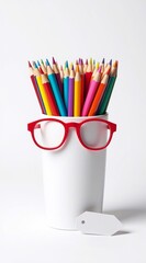 Colorful learning supplies: image shows a white holder with multicolored pencils, red glasses on top, and a white tag beside it on a light background, symbolizing learning, creativity, and school item