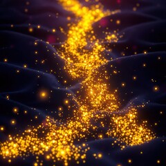 Glowing path of golden particles weaving through dark waves at night, evoking a sense of magic and tranquility