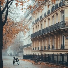 Obraz premium Foggy Autumn Day in Paris Bicycle Leaned Against Pale Stone Buildings