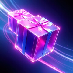Colorful glowing gift boxes float through a vibrant, neon-lit space filled with swirling lights and dynamic energy