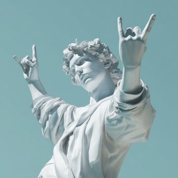 White statue making rock and roll hand gesture against pastel blue background