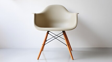 Modern light beige plastic chair with wooden legs.
