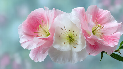 Three delicate godetia flowers, displaying pink and white petals with bright yellow centers, softly bloom against a gently blurred, cool-toned background nature scene.
