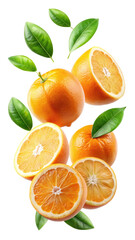 Flying Orange Fruits with Half Slices and Green Leaves Isolated