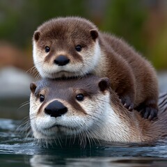 Obraz premium Close-up of a mother otter with a playful pup on its back in water
