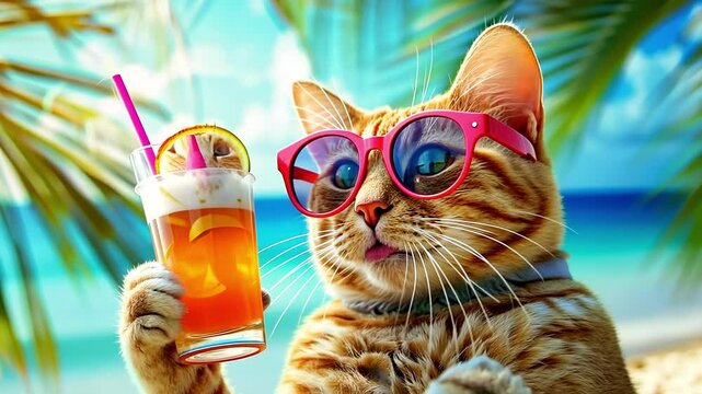 Ginger cat enjoying tropical drink by the ocean with palm tree background. concept of summer relaxation, exotic beverage, beach vibes, humorous vacation, fun in the sun