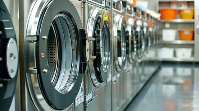 Row of industrial washing machines in modern laundry room with colorful baskets. concept of cleanliness, efficient laundry solutions, contemporary washing facility