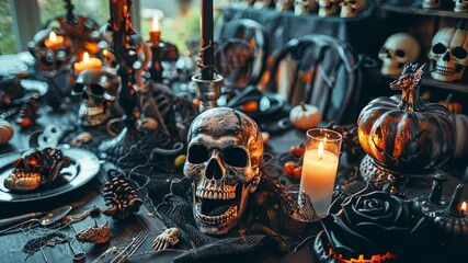Halloween table with skull and candlelight illuminating spooky decor. concept of eerie atmosphere, creepy decoration, halloween festivity, haunted vibes