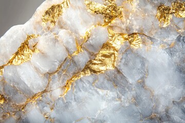 Naklejka premium Detailed view of a light-colored stone with veins of shiny gold running through it, showing mineral textures.