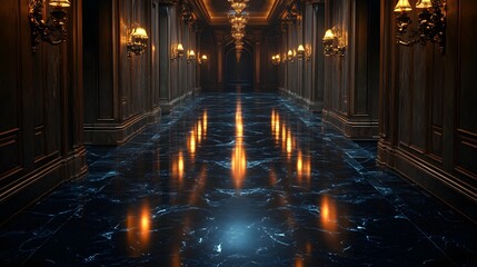 Obraz premium Cinematic concept art of a long dark corridor with reflections