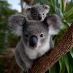 Obraz premium Close-up of two koalas, one adult carrying a joey