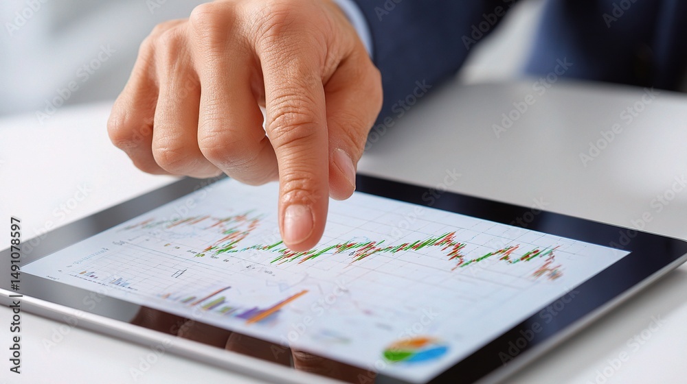 Poster data analyst pointing at graph on tablet with white background