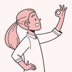 A cartoon illustration of a smiling person with light skin and light brown hair in a ponytail, making an 