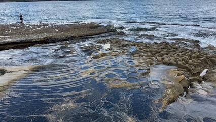 Rocky coastal shoreline with ocean waves and a forested background. Ideal for travel, nature, or outdoor adventure themes.