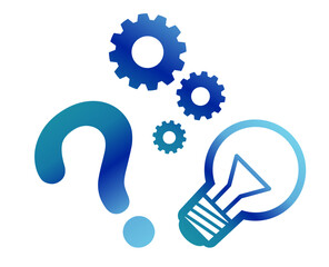Vector icons of a question mark, gear, and light bulb in blue gradient. Perfect for highlighting questions, processes, and ideas in business, educational, or creative presentations.