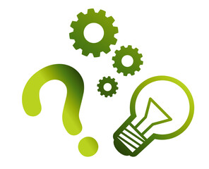 Vector icons of a question mark, gear, and light bulb in green gradient. Perfect for highlighting questions, processes, and ideas in business, educational, or creative presentations.