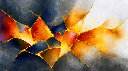 Modern abstract art. Geometric shapes, fractured pattern, gold veins, blue, red, white and grey hues. Perfect for backgrounds.