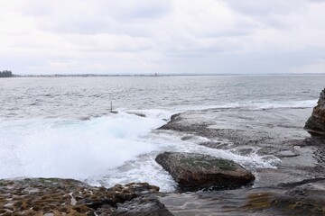 Rocky coastal shoreline with ocean waves and a forested background. Ideal for travel, nature, or outdoor adventure themes.