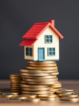 Home loan reverse mortgage, asset refinancing idea. Small house positioned on stacks of coins, symbolizes a homeowner or borrower converting properties into cash, saving money to secure shelter, a ...