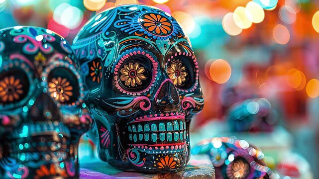 Colorful mexican sugar skull artwork at day of the dead celebration featuring intricate floral patterns and vibrant decorations. concept of mexican culture, festival