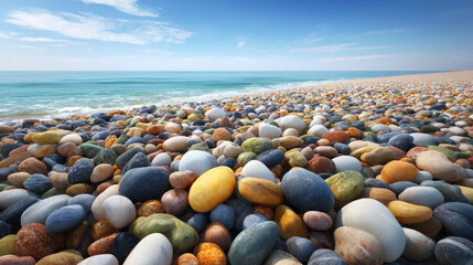 Colorful pebbles cover the sandy beach under a bright blue sky as gentle waves roll in from the calm turquoise ocean, creating a serene coastal vista today.