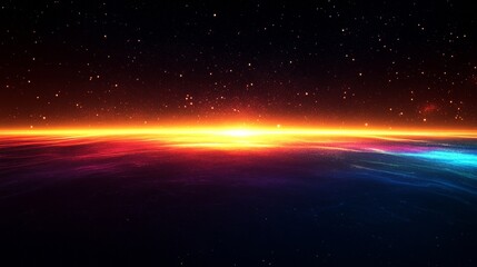 Obraz premium Cosmic sunrise over a distant planet's horizon.