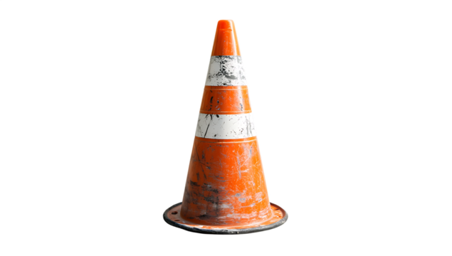 Worn orange traffic cone isolated on a white background png ai generated