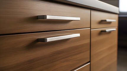 Close-up view of modern kitchen cabinets with metal drawer pulls.
