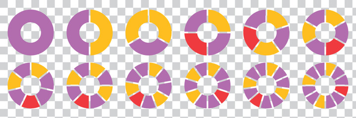 Pie charts diagram set. Circle pie charts 1,2,3,4,5,6,7,8,9,10,11,12 sections. Wheel round segment infographic part. Infographic element round shape. 