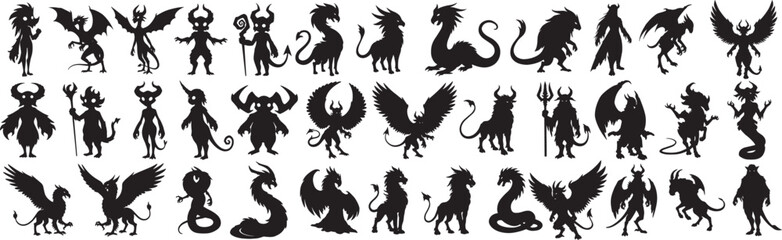 Vector silhouette illustrations of fantasy creatures dragons demons griffins for design and decoration