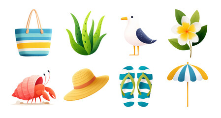 Naklejka premium Colorful summer beach icons collection. Flat style clipart isolated on transparent background. Travel and vacation concept. Design for stickers, t-shirts, summer product advertisement.