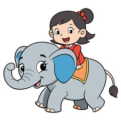 Cartoon Girl Riding an Elephant