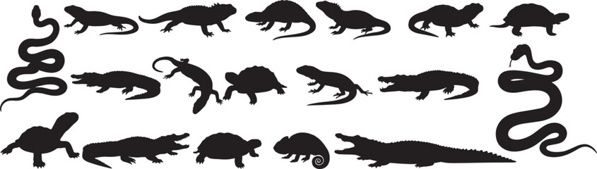 Reptiles silhouettes collection vector illustration set of snakes lizards crocodiles and turtles isolated