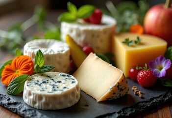 artfully arranged cheese assortment slate board gourmet platter varieties cheese types textures slices dairy elegance, flavor, wedge, sticks, creaminess, blue