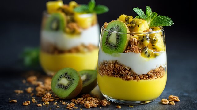 Delicious mango kiwi parfait recipe with granola and yogurt for breakfast or dessert healthy and refreshing