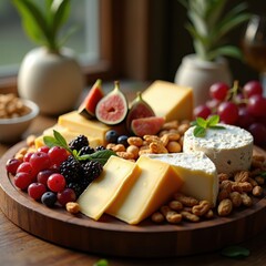 artfully arranged cheese platter colorful garnishes fresh fruits nuts components display savory appetizer gourmet indulgence, variety, artisan, spread, dish