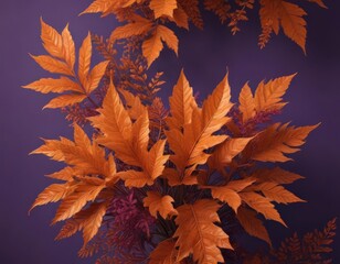 Intricate orange leaf arrangement, rich violet textured background , design element, brand