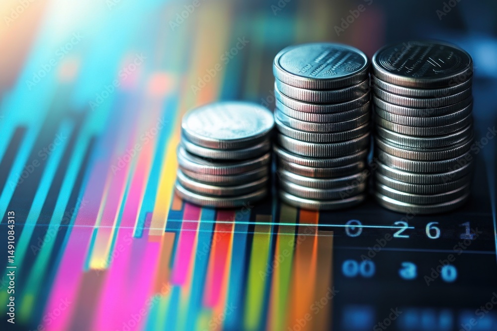 Poster financial data processing with stacked coins and vibrant graphs in a server environment, financial d
