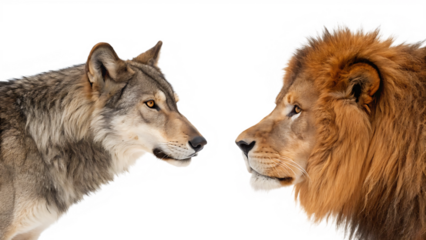 Wolf and lion face off isolated on a white background