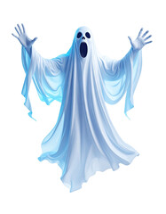 A ghostly apparition with outstretched arms and open mouth. A sheet-like form in white and blue shades, isolated on a transparent background conveying an eerie atmosphere.