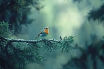 Goldcrest perched on a spruce branch before taking flight in a serene forest setting, Goldcrest sits on a spruce branch and flies away