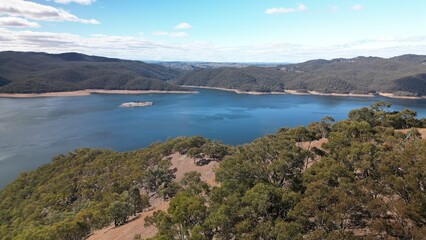 Aerial view of the Burrinjuck Reservoir taken with a drone.