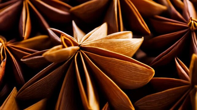 Pile of star anise spice pods arranged closely together displaying their radial symmetry and brown coloration for culinary use