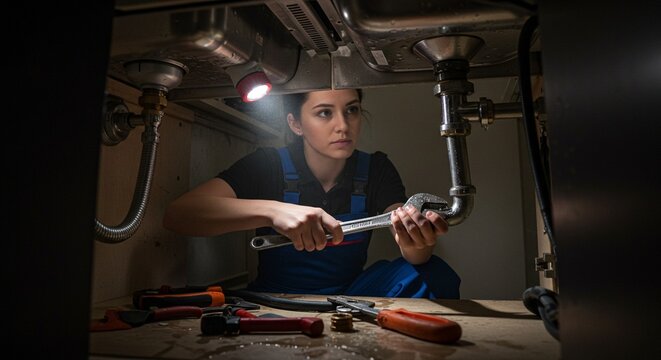 Focused female plumber tightens pipe under sink using wrench during plumbing maintenance intervention