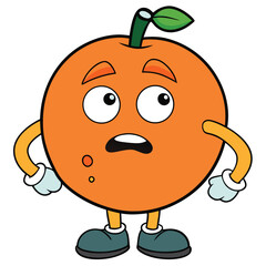Cartoon Orange Fruit, Worried Orange Character with Leaf and Shoes