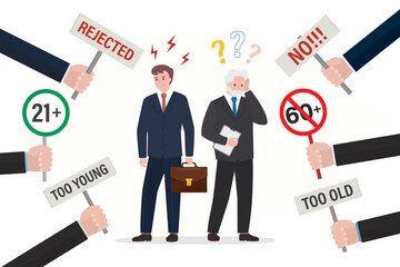 Various business hand holds placards with reject or deny. Young adult and elderly man with job restrictions. Employers saying - job seekers too old and too young. ageism