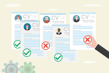 Problems of aging and employment discrimination, inequality in rights and difficulties in career for older people. HR agent hand examining candidates resumes