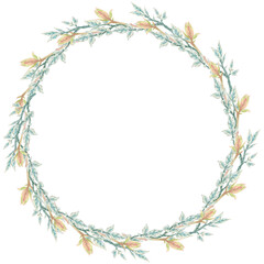 Round frame with pedilanthus and honeysuckle branches. Hand-drawn watercolor natural frame. Perfect for wedding invitations, botanical prints, minimalist home decor, romantic greeting cards.