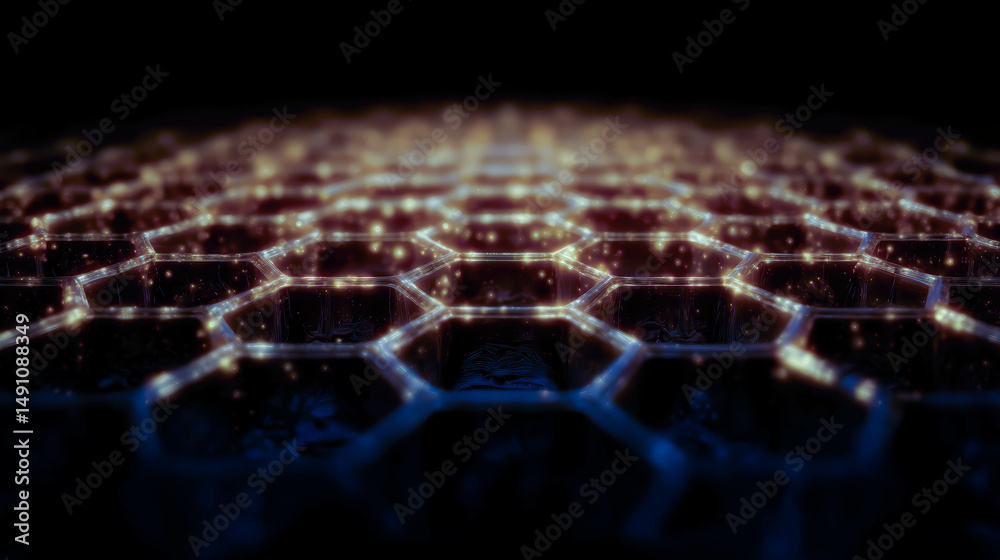 Poster close up macro shot highlighting honeycomb texture with golden reflections on neutral background