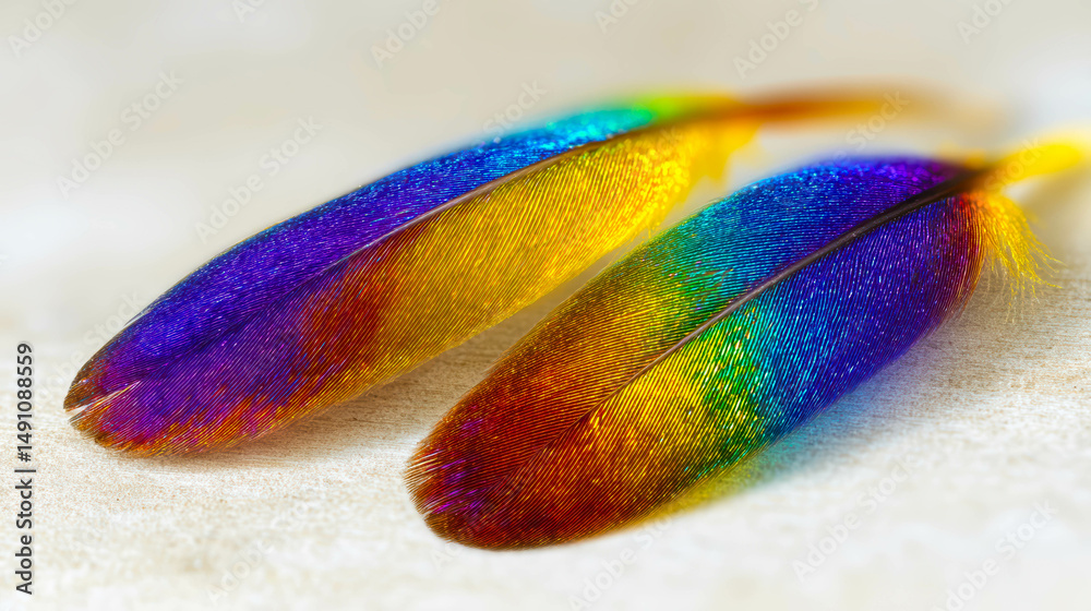 Aufkleber iridescent hummingbird feathers display vibrant colors on a white surface with minimalistic elegance